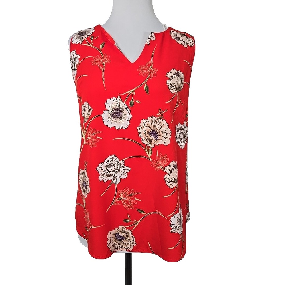 Renee C Red Floral Sleeveless V-neck High-Low Chiffon Blouse Medium M